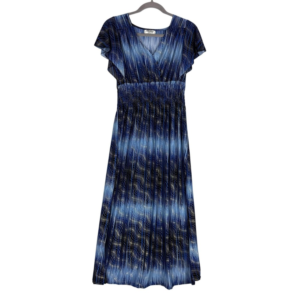 ACE Fashion Dress Womens M Blue Stripe Maxi V Neck Flutter Sleeve Smocked Knit